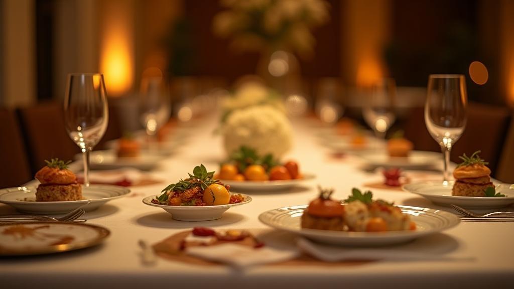 Elegant table setting at a catered event with delicious food