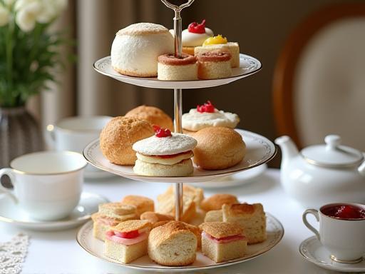 Assortment of high tea pastries and sandwiches