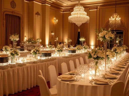 Elegant wedding banquet setup with catering